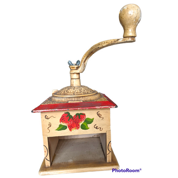 VINTAGE WOOD COFFEE GRINDER FOLK ART HANDPAINTED - Picture 4 of 6